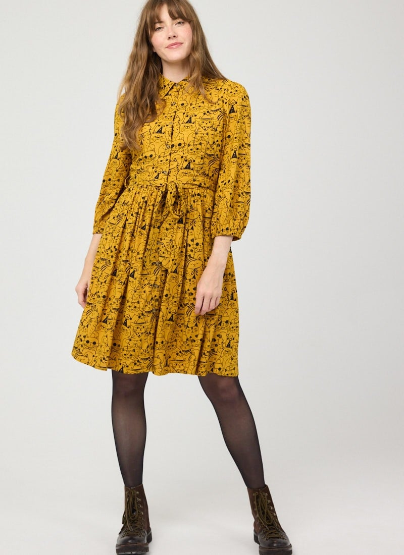 Andi Cat Print Shirt Dress (Yellow)