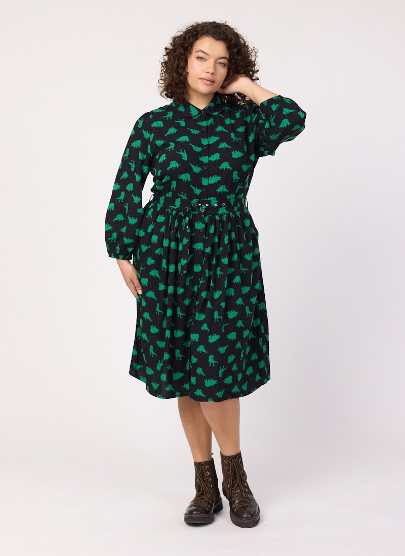 Andi Dino Print Shirt Dress - Black