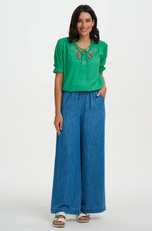 Angelique Shirred Top - Green, Rainbow Parrots Embroidery