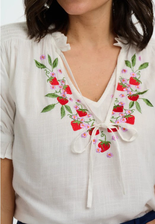 Angelique Shirred Top - Off White, Wild Strawberry