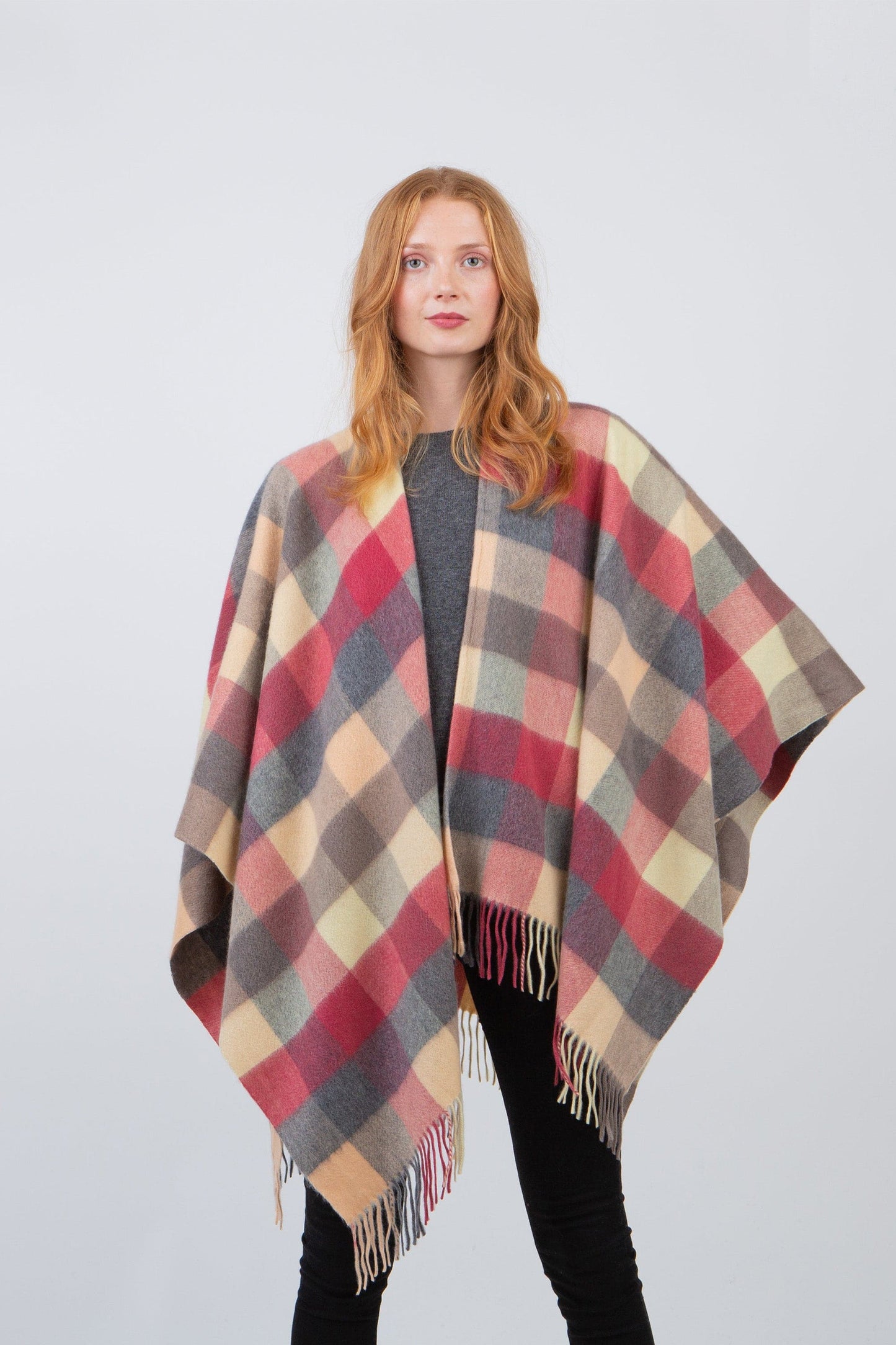 Camel, red, and charcoal check cashmere stole from Kiltane.