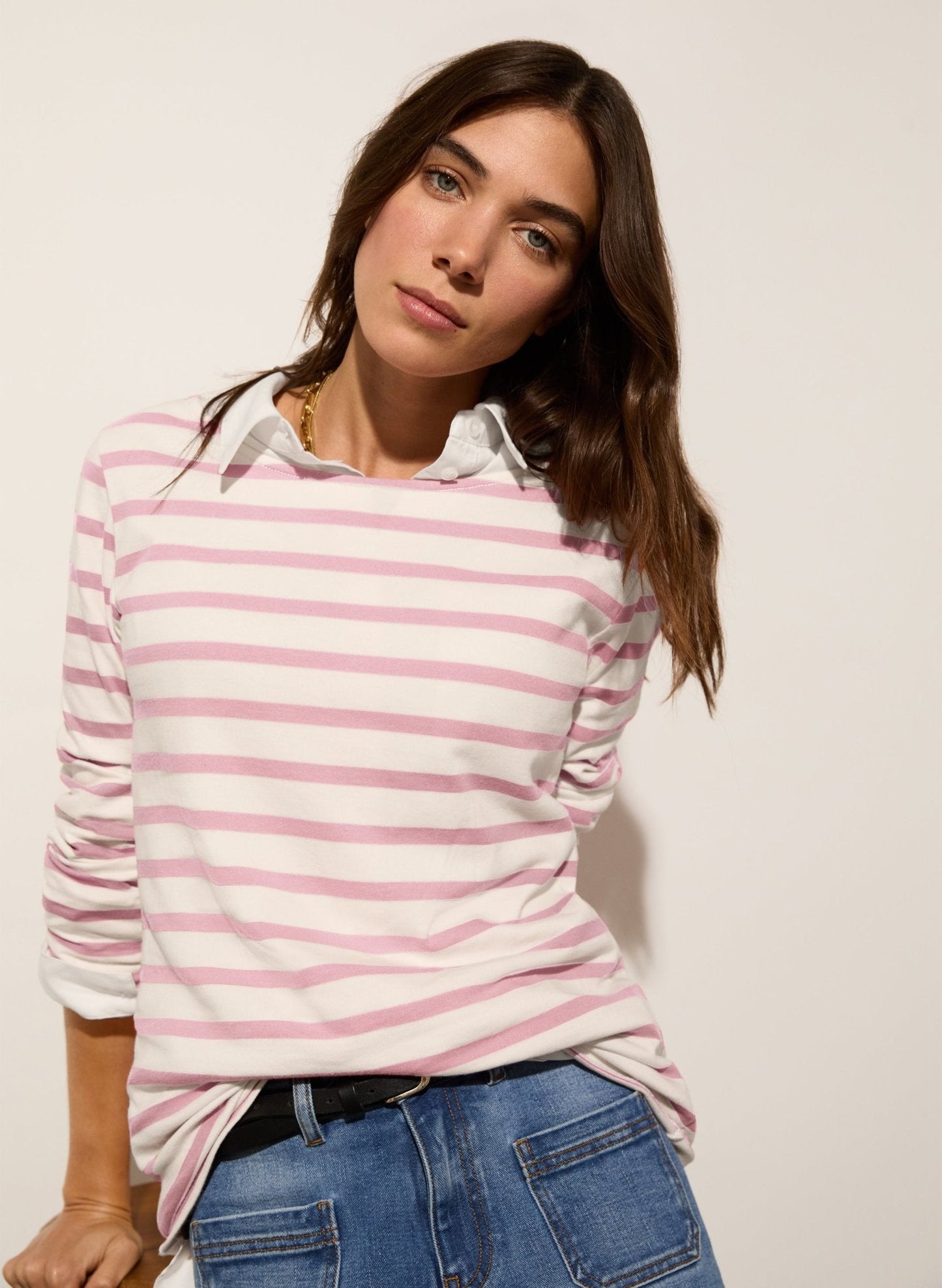 Ashley Organic Cotton Top / Soft White & Blossom Stripe