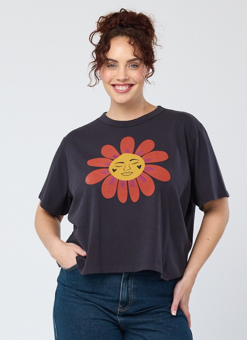 Aster Sunshine Floral Boxy FitGraphic Tee - Sustainable Organic Cotton (Black)