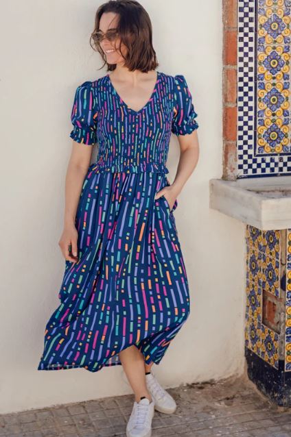 Bettina Shirred Midi Dress - Blue, Broken Lines