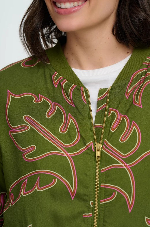 Bobbi Bomber Jacket - Khaki, Tropical Line Drawing
