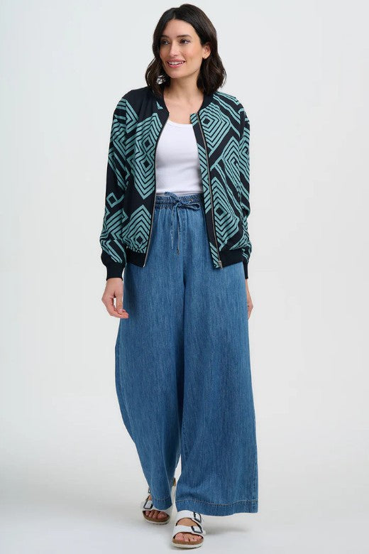 Bobbi Bomber Jacket - Black/Green, Geometric Lines