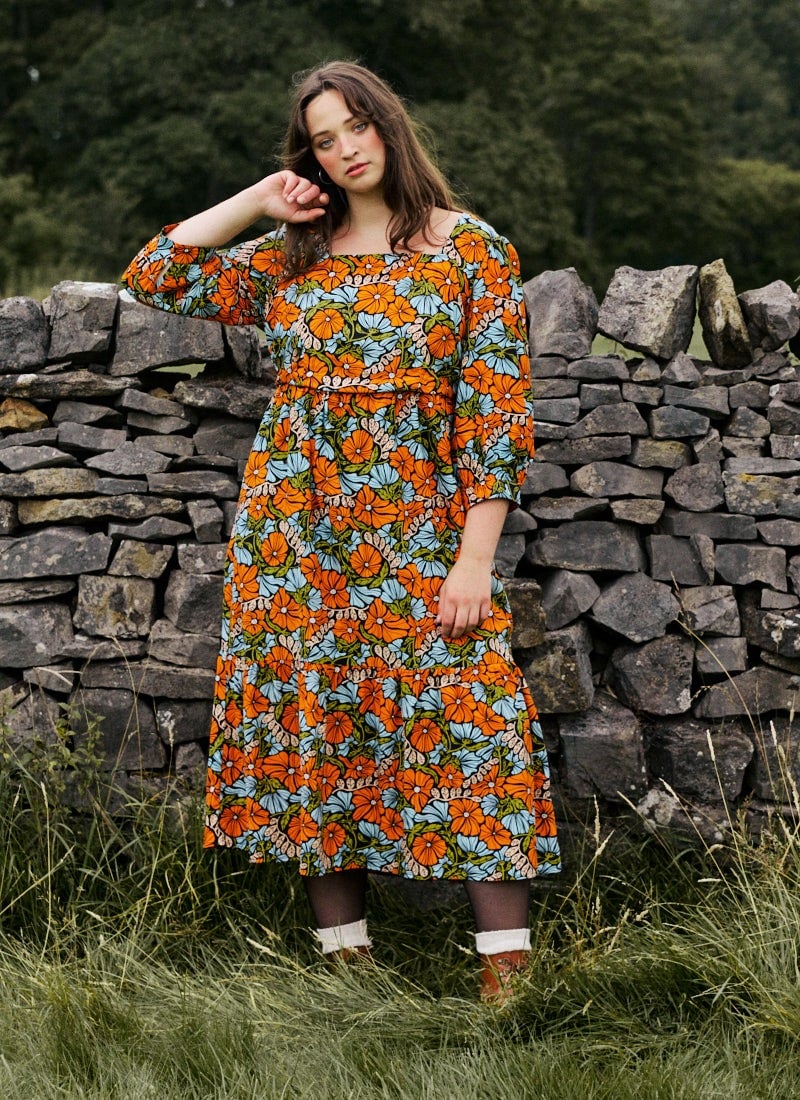 Candi Vintage Floral Print Square Neck Midi Dress (Orange)