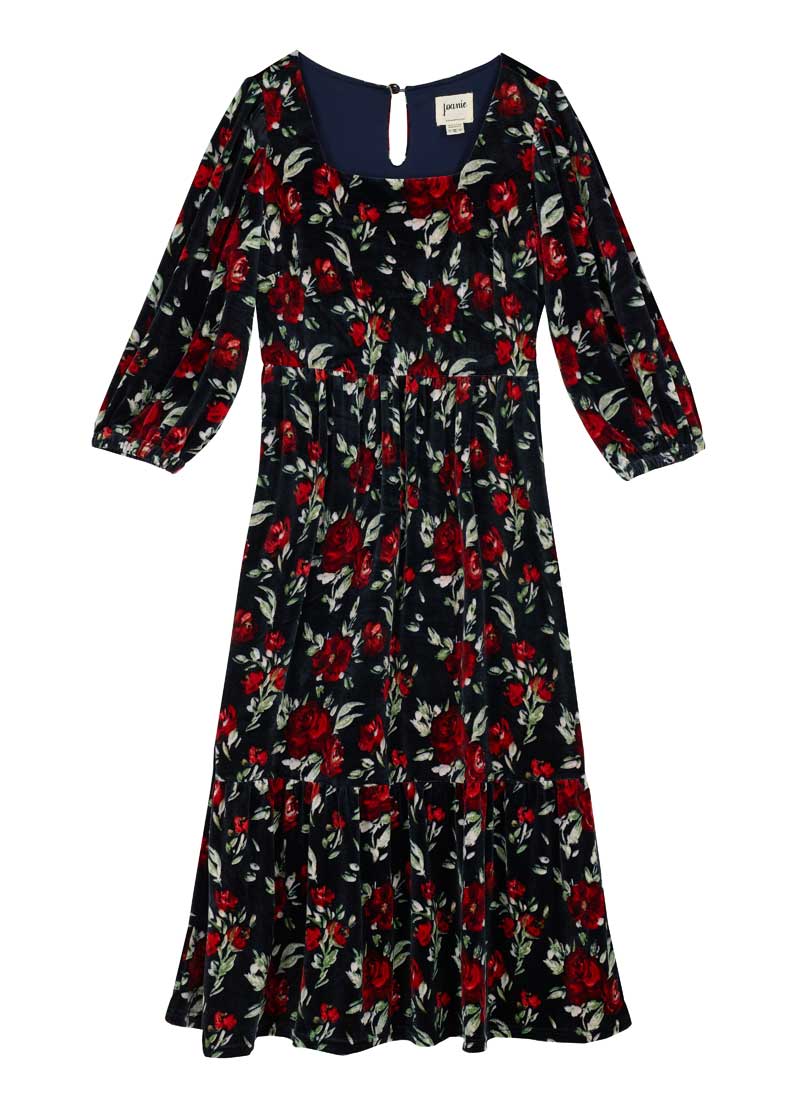 Candi Floral Print Velvet Midi Dress - Black