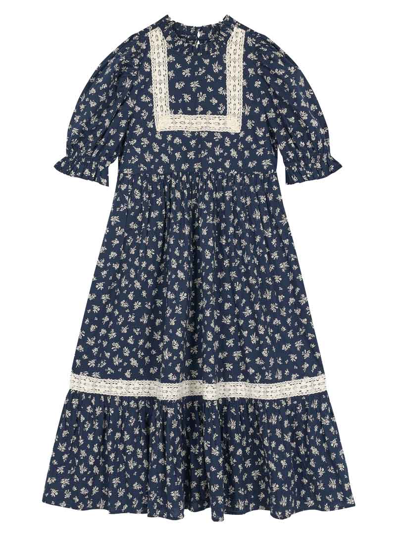Ceri Ditsy Floral Print Puff Sleeve Prairie Dress - Navy