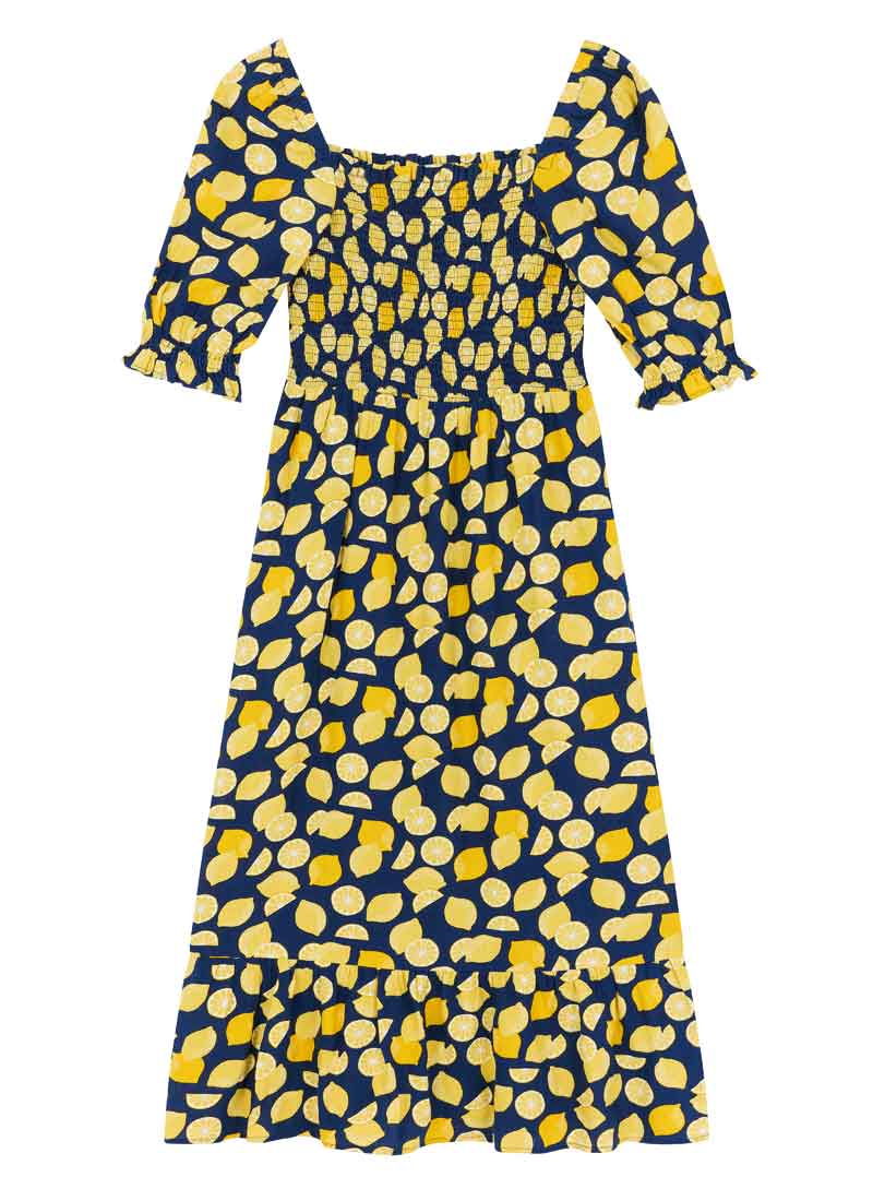Cinna Lemon Print Square Neck Midi Dress (Yellow)