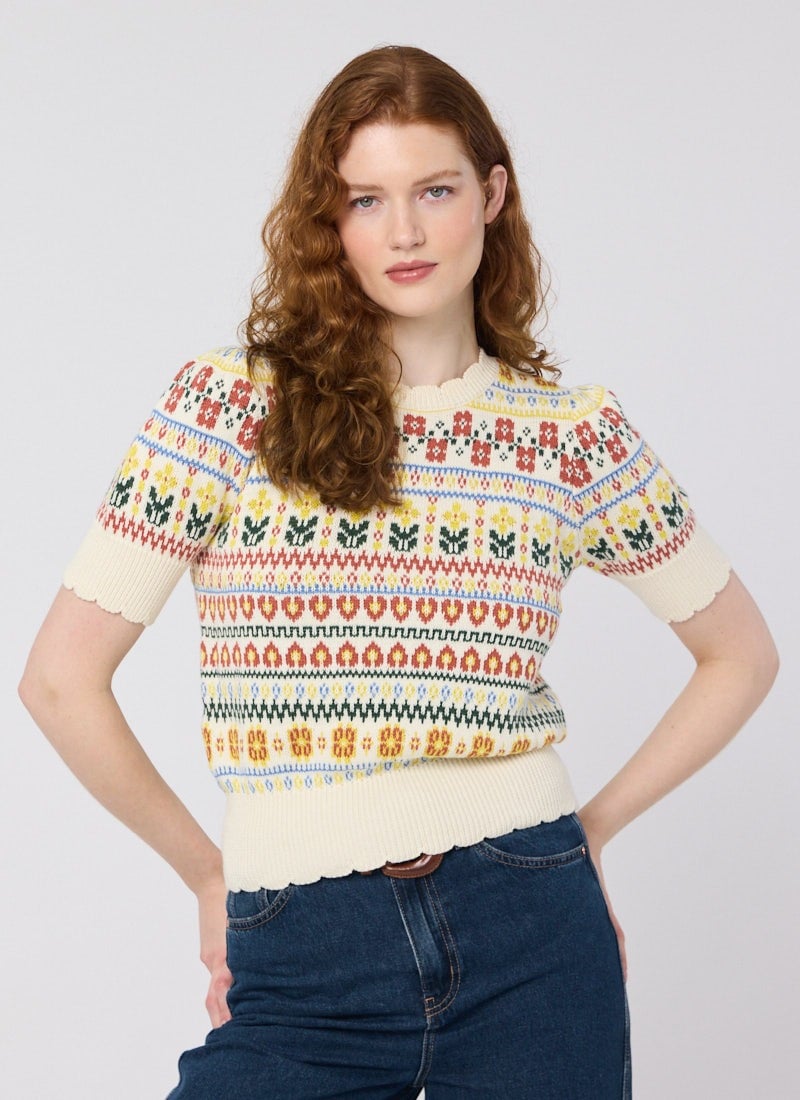 Clare Fair Isle Scalloped Short Sleeve Knit - White - Sustainable Organic Cotton (Cream)