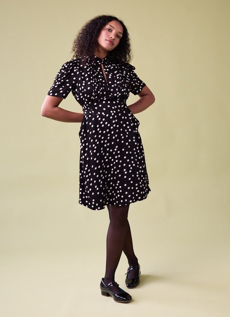 Delia Polka Dot Print Mini Tea Dress (Black)