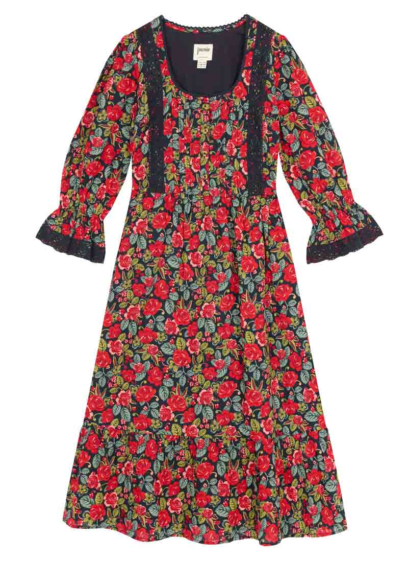 Eleri Antique Rose Print Crochet Trim Prairie Dress - Red