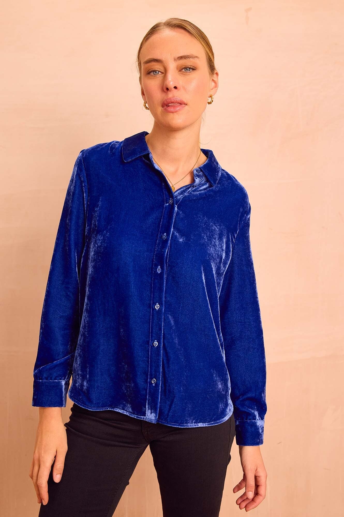 Cobalt blue velvet button-through blouse with collar, long sleeves, and relaxed fit.
