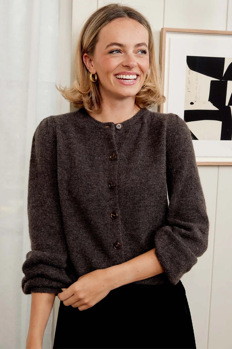 Alpaca Blend Puff Sleeve Cardigan - Chocolate