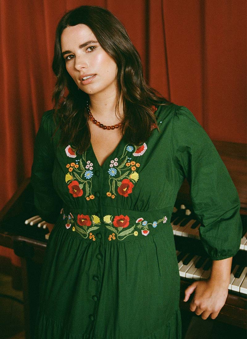 Catalina Green Vintage Floral Embroidered Dress - Sustainable Organic Cotton (Green)