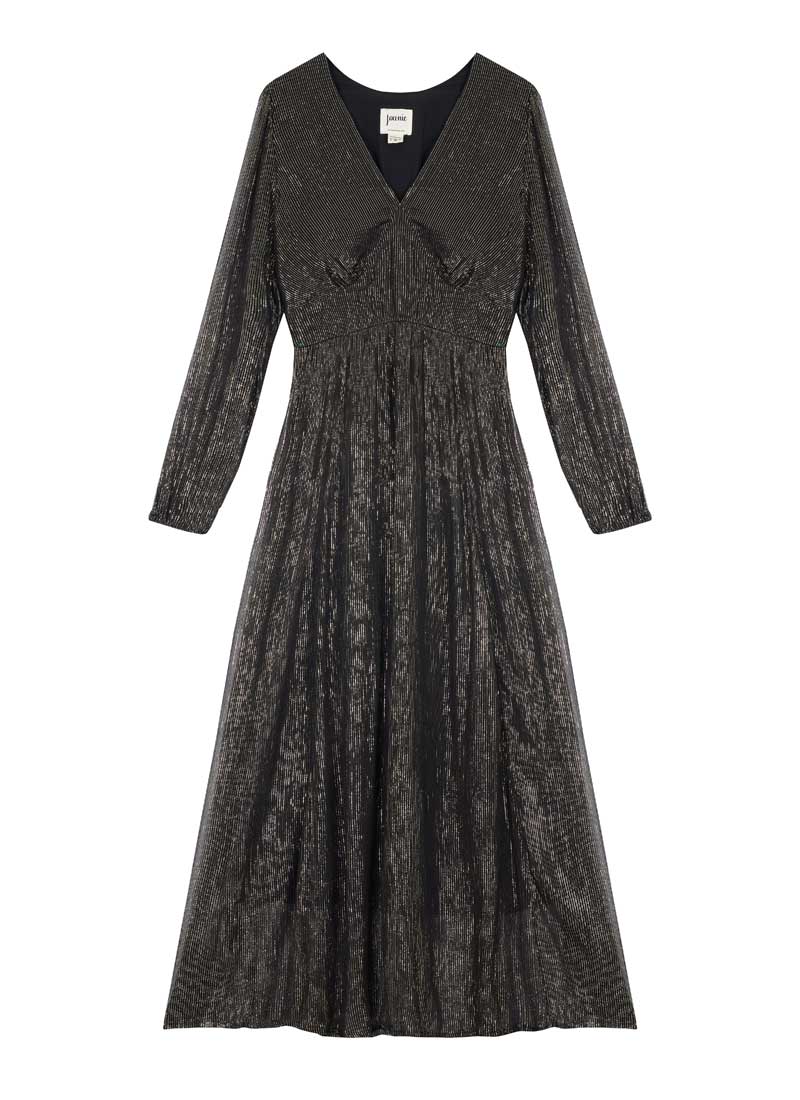 Gaia Gold Lurex V-Neck Midaxi Dress - Black