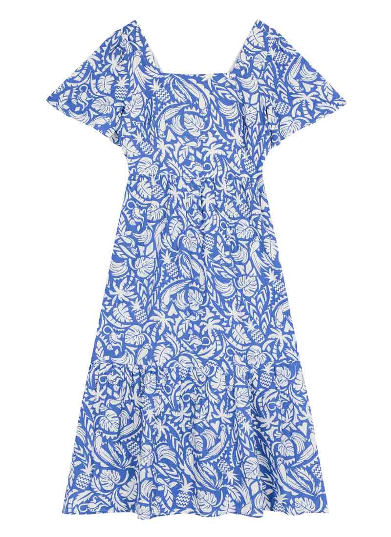 Georgia Tropical Palm Print Square Neck Dress - Blue