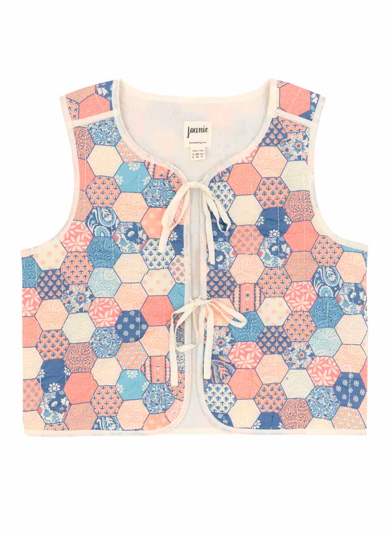 Giselle Patchwork Print Quilted Tie Front Gilet (Pink)
