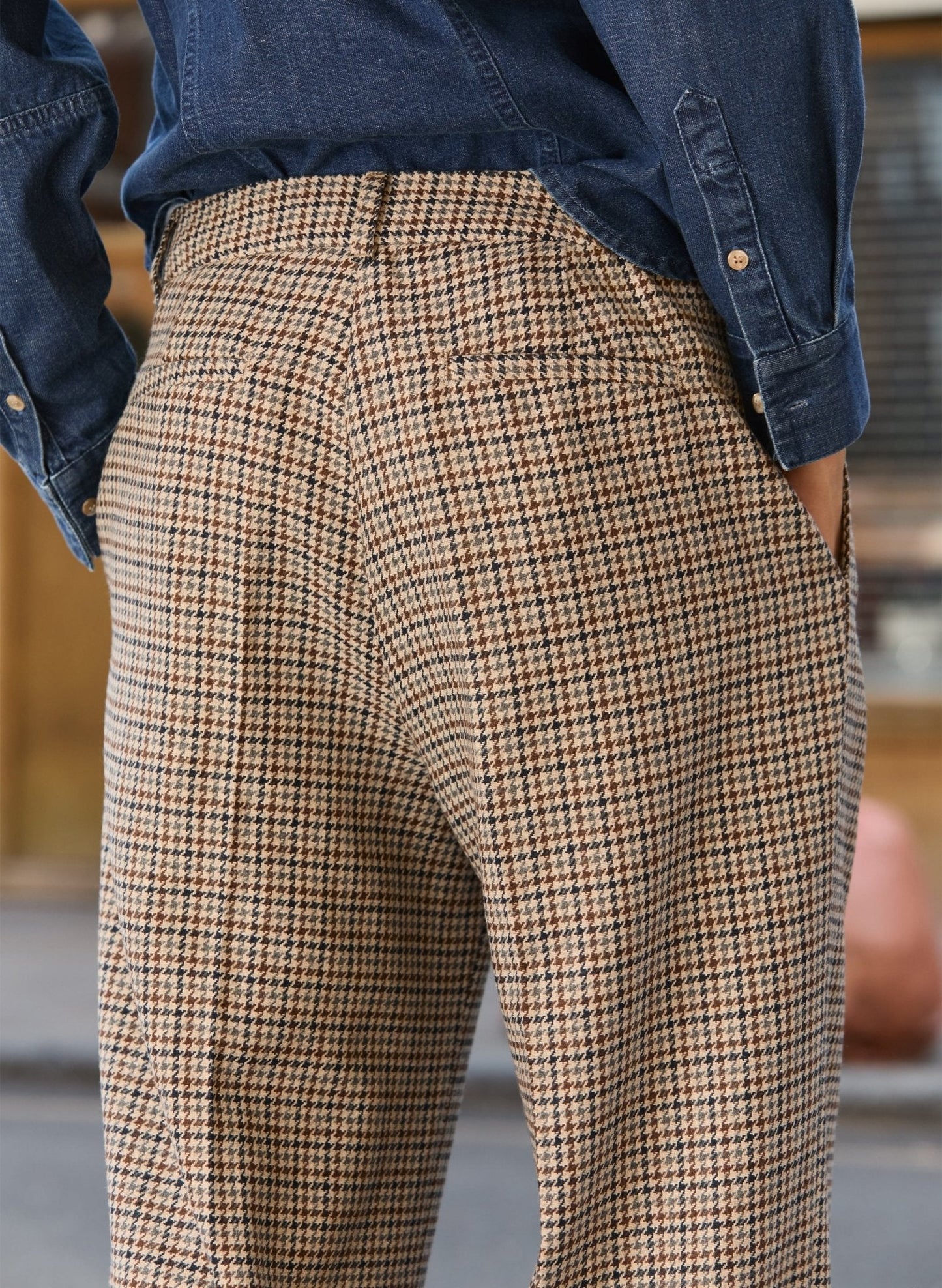 Gwynnie Wool Blend Wide Leg Trousers - Neutral Puppytooth Check