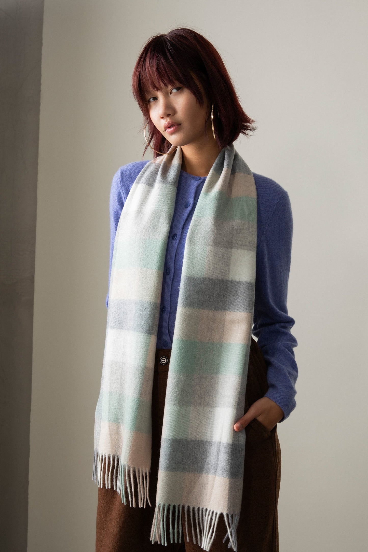 Pale aqua, soft grey and beige check cashmere scarf by Kiltane.