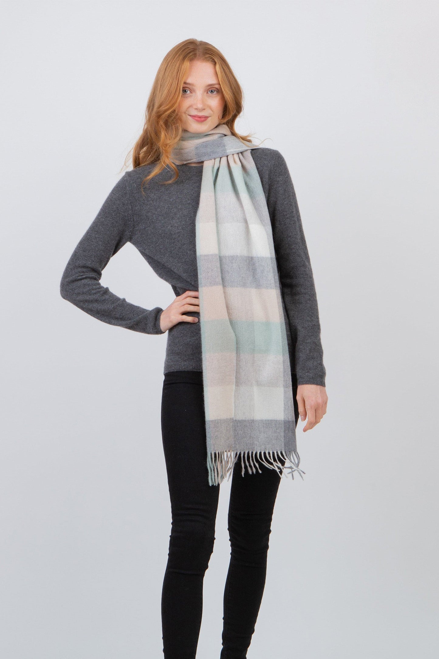 Soft grey and pale green checked wide cashmere scarf by Kiltane.