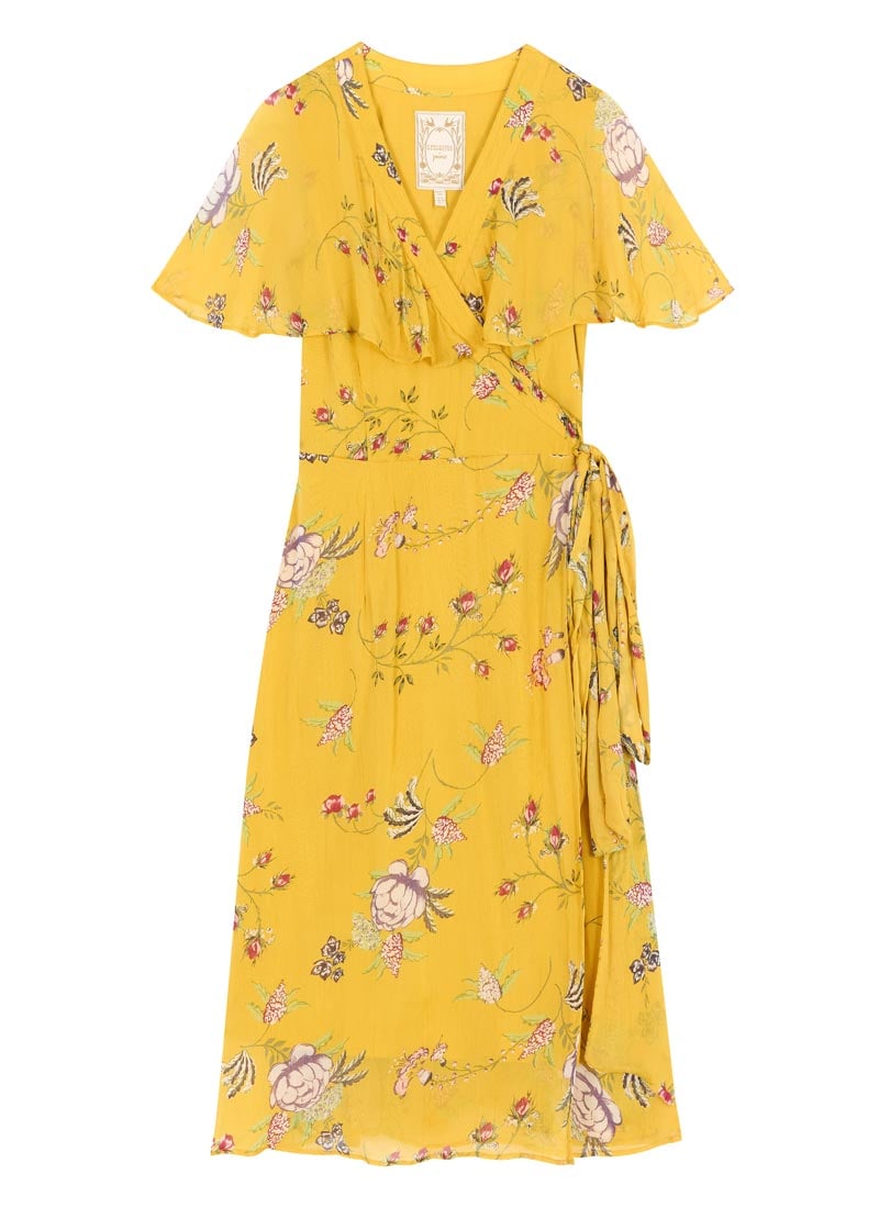 Christina Hendricks X Joanie - Honeysuckle Gold Floral Cape Sleeve Wrap Dress