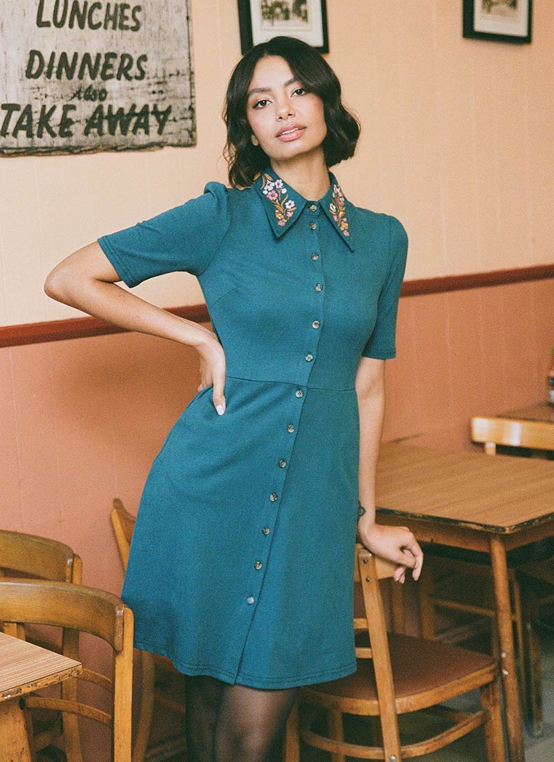 Jada Embroidered Collar Jersey Shirt Dress - Sustainable Organic Cotton (Blue)