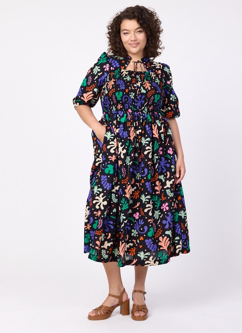 Jesse Modern Art Cut Out Print Tie Neck Midi Dress - Sustainable Organic Cotton (Black)