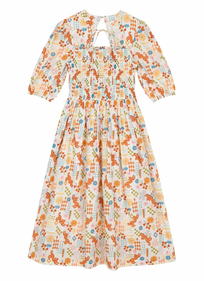 Zeena X Joanie - Jesse Abstract Pomodoro Print Tie Neck Midi Dress - Sustainable Organic Cotton (White)