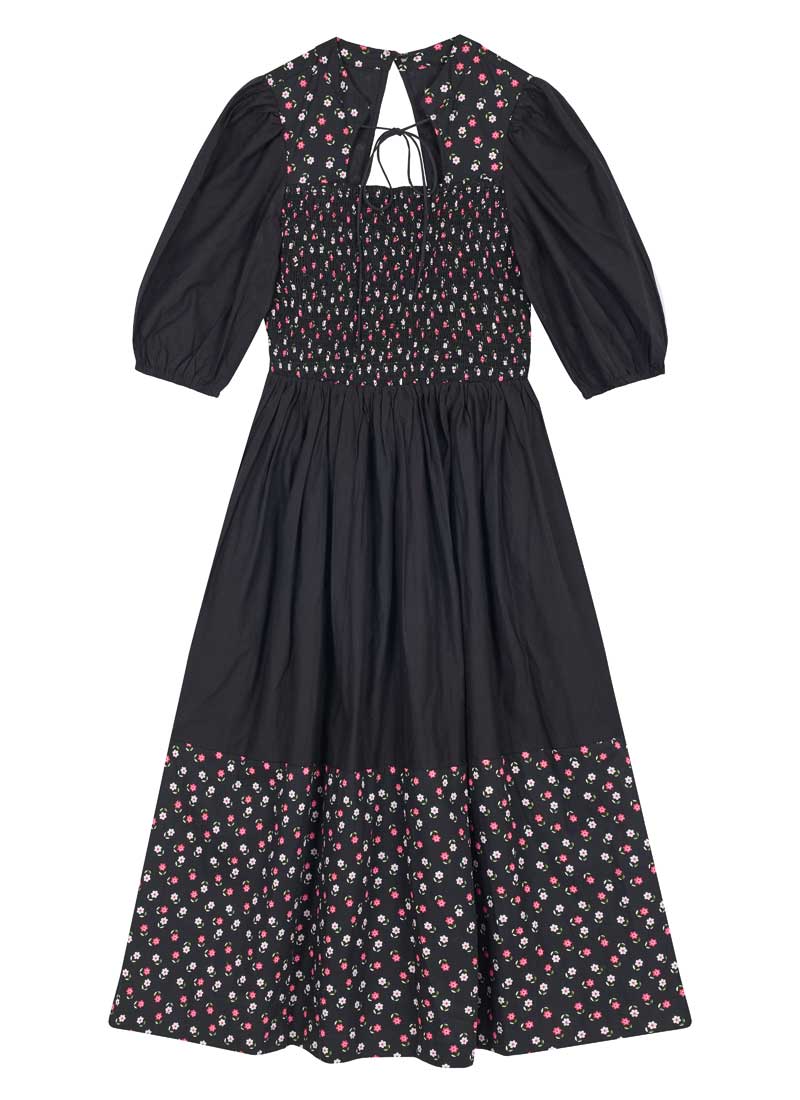 Jesse Ditsy Floral Print Tie Neck Midi Dress - Black
