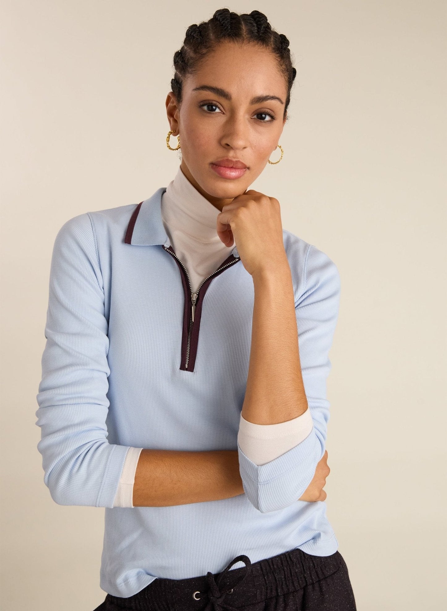 Joely Organic Cotton Rib Zip Collar Top / Ice Blue & Plum