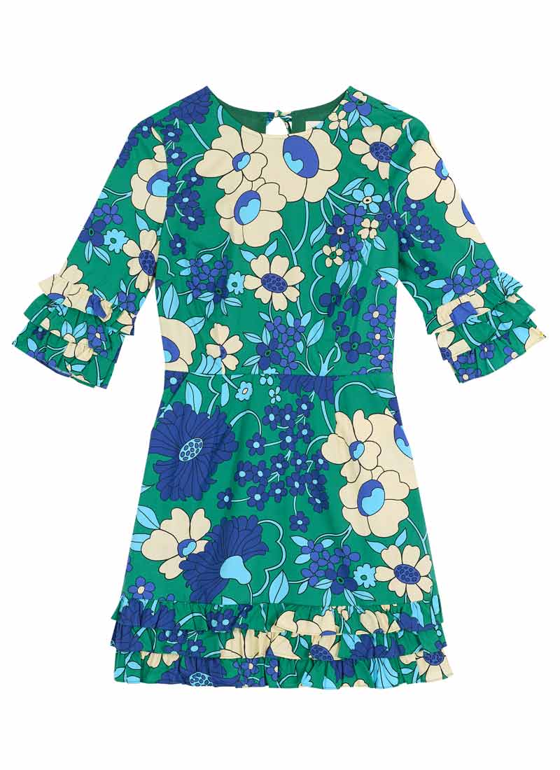 Katy Blue Floral Print Ruffle Sleeve Mini Dress - Sustainable Organic Cotton (Blue)