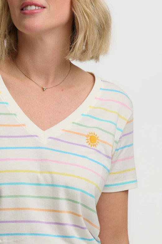 Khloe V-Neck T-Shirt - White/Multi, Pastel Stripe & Sun