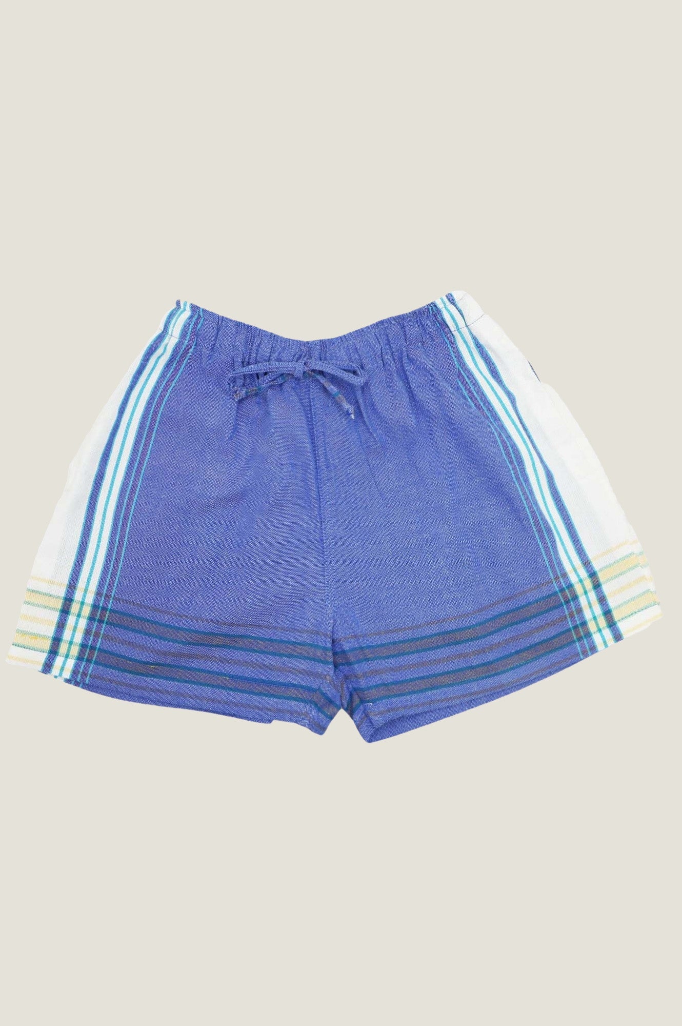 Soft periwinkle blue shorts with elasticated drawstring waistband and multicolour stripe detailing along the sides and hem.