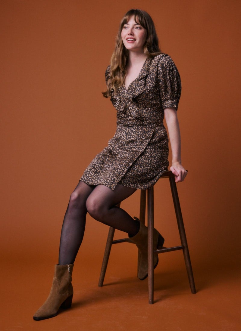 Laura Leopard Print Mini Wrap Dress (Brown)