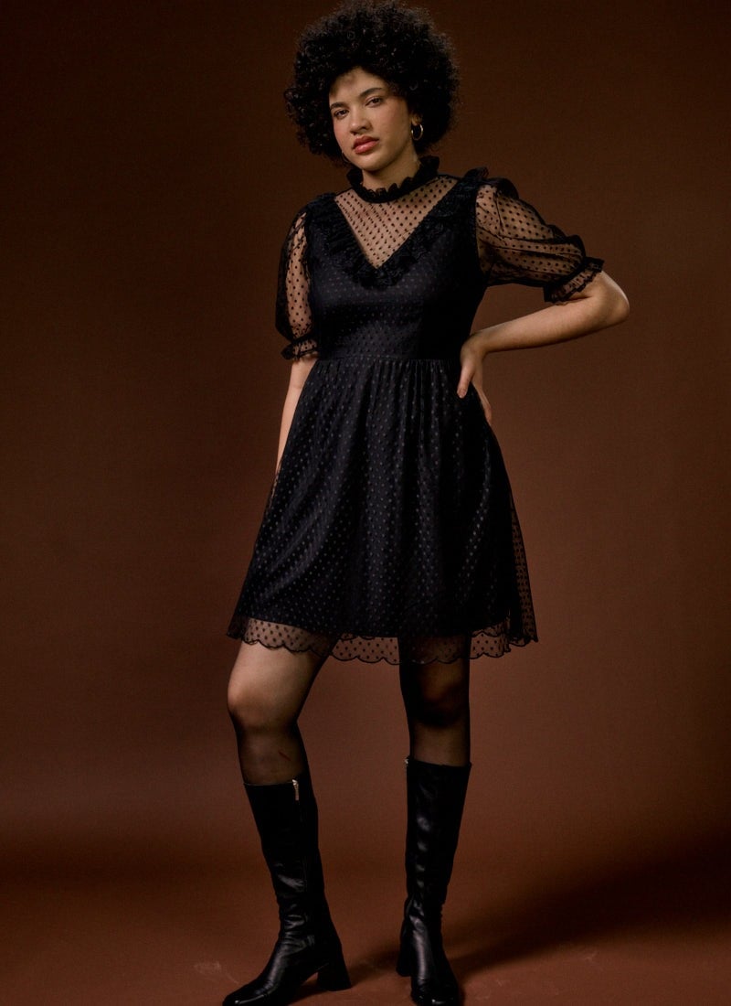 Lilian Polka Dot Mesh Mini Dress - Black