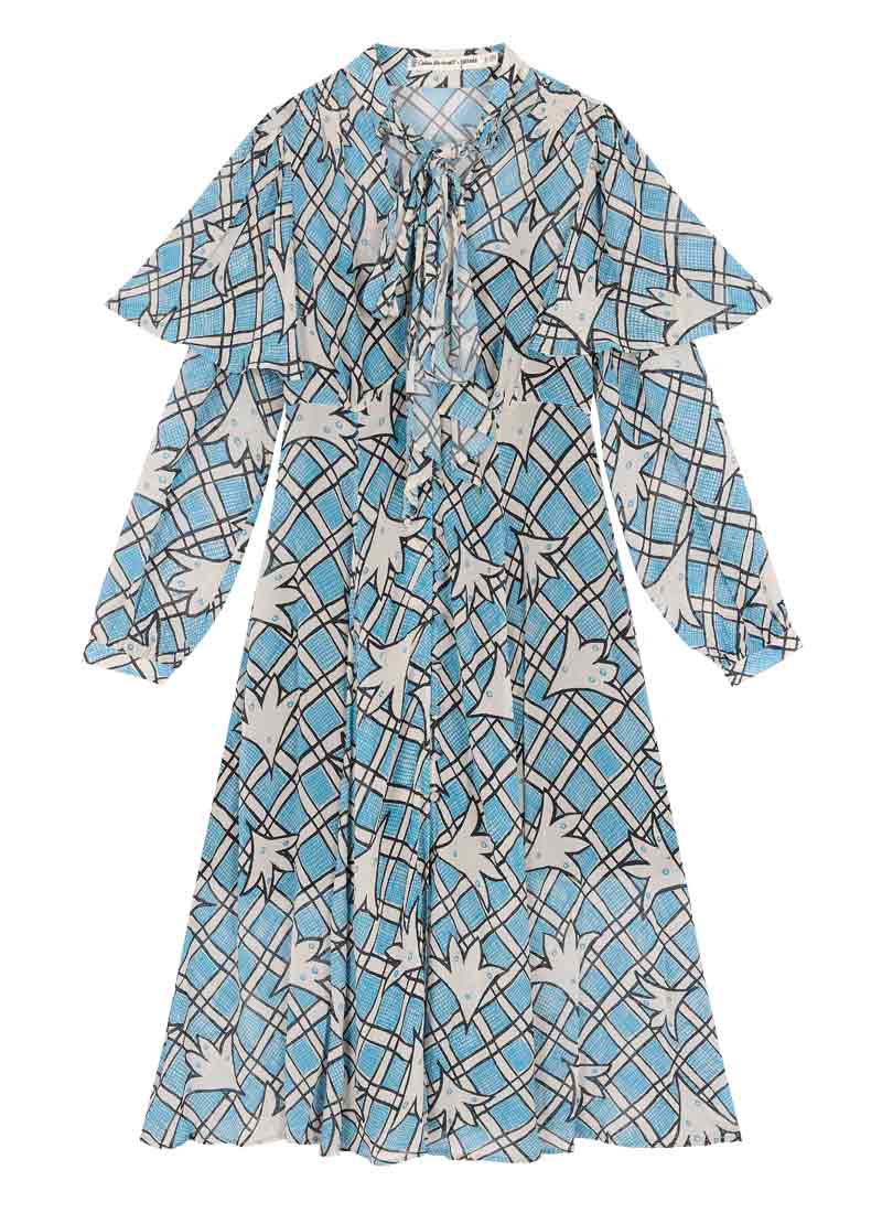 Celia Birtwell X Joanie - Little Rock Cape Sleeve Pussy Bow Button Through Dress (Blue)