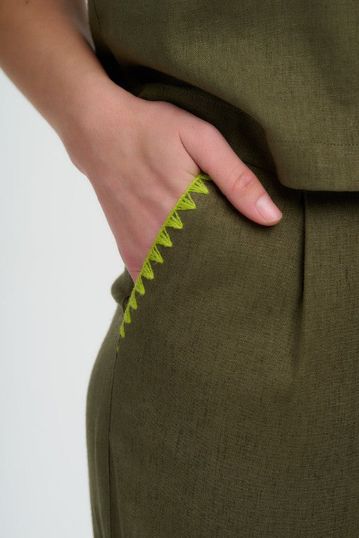 Lois Wide Leg Trousers - Olive, Decorative Stitch