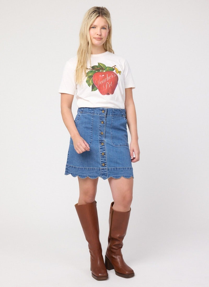 Sarah Scallop Hem A-Line Denim Mini Skirt - Sustainable Organic Cotton (Blue)