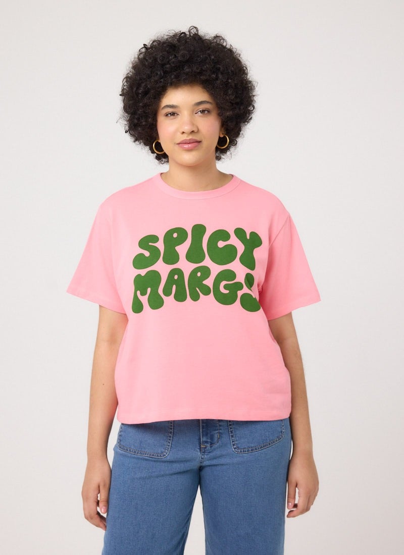 Margarite Spicy Margs Boxy Fit Slogan Tee - Sustainable Organic Cotton (Pink)