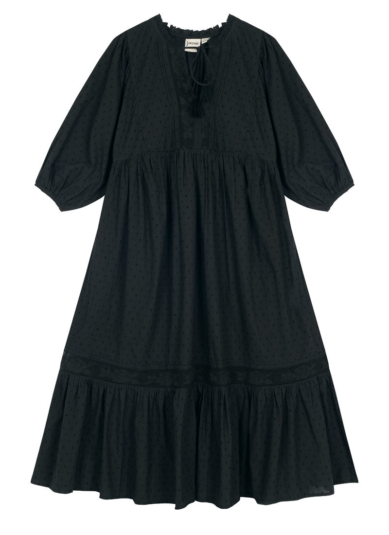 Meryl Tie Neck Dobby Midi Dress - Black