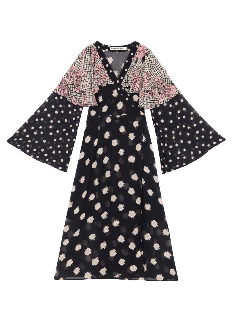 Celia Birtwell X Joanie - Michaelmas Daisy Print Cape Sleeve Wrap Dress (Black)