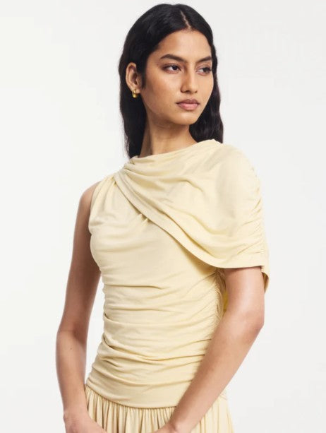 Mila Asymmetrical Caped Shoulder Maxi Dress in Butter Milk
