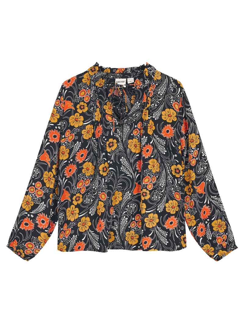 Millie Floral Print Tie Neck Blouse - Black