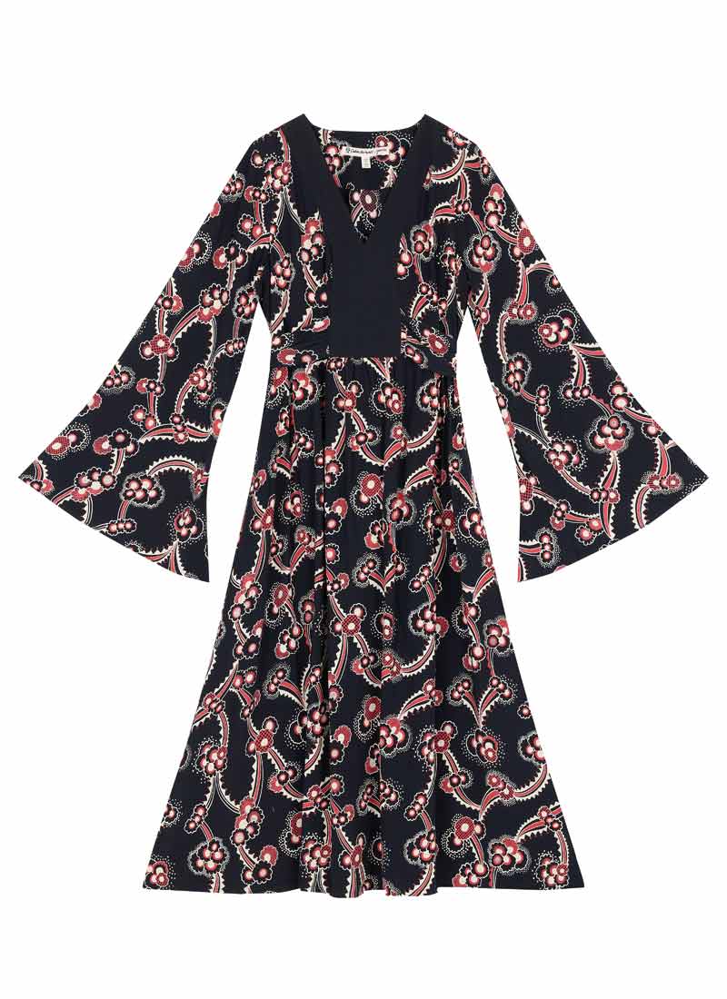Celia Birtwell X Joanie - Mystic Daisy Printed Flared Sleeve Kaftan Maxi Dress (Black)