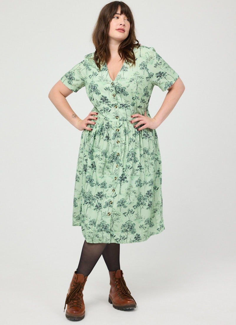 Natalie Tree Print Button-Down Tea Dress (Green)