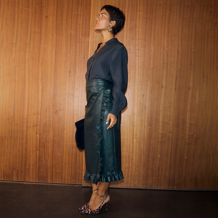 Bottle Green Vegan Leather Ruffle Jaspre Skirt