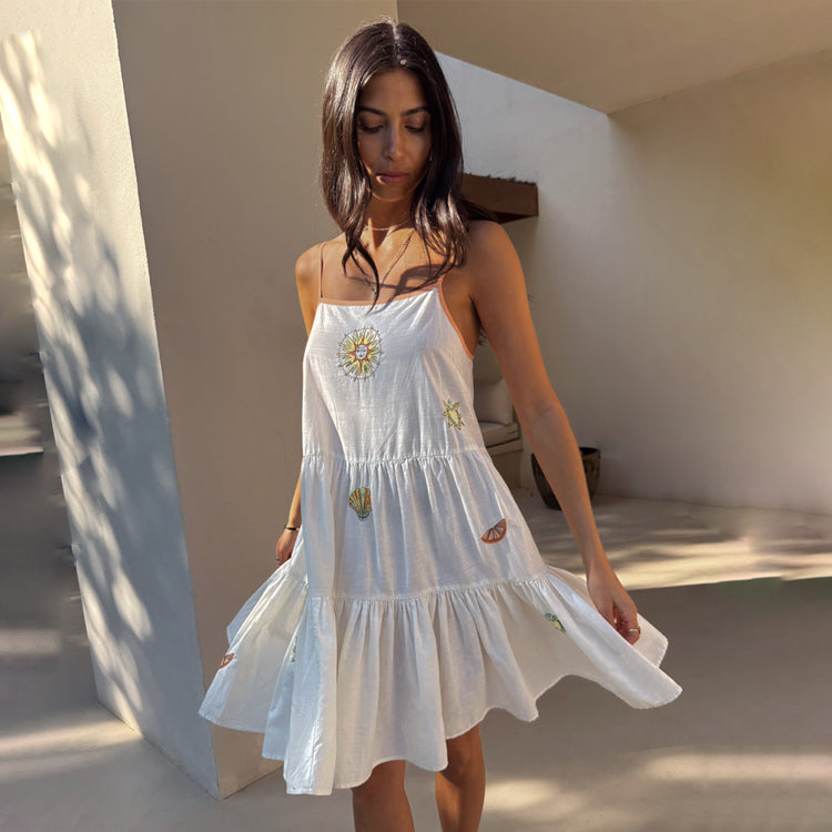 Cream Embroidered Slip Dress