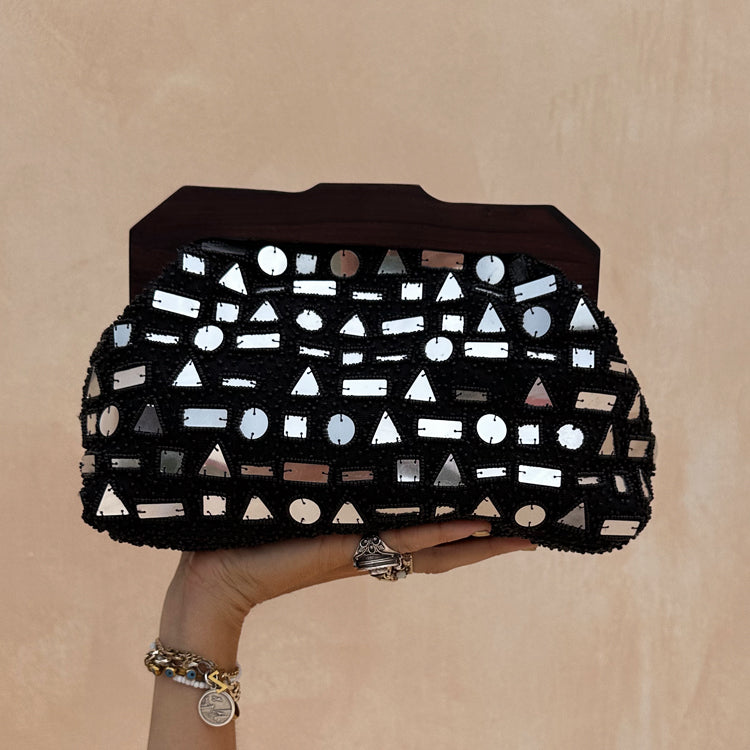 Black Beaded Mirror Bag